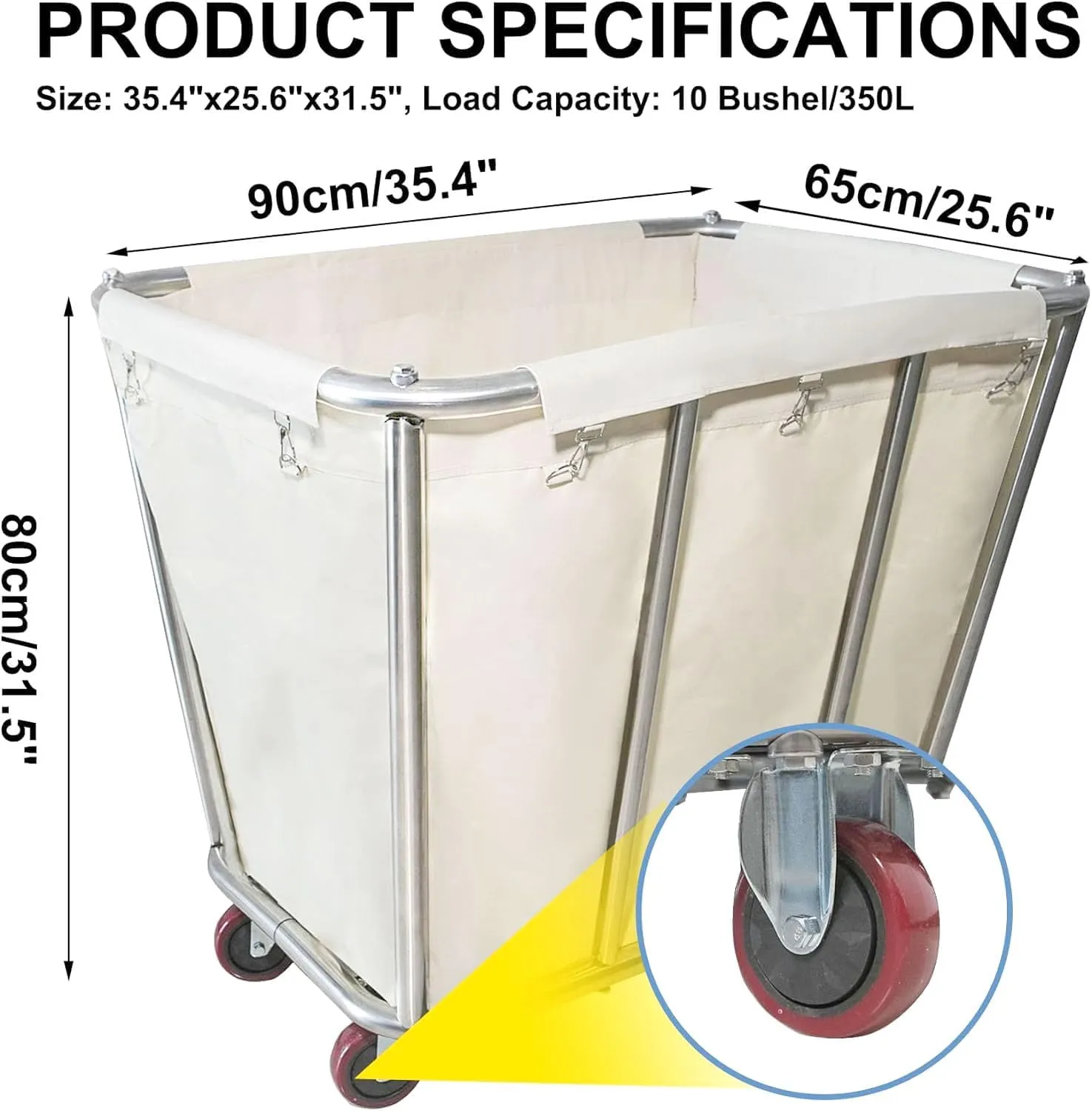10 Bushel Laundry Cart with Wheels,Heavy Duty Industrial Rolling Commercial Home Beige Large Rolling Storage Laundry Basket, Stainless Steel Laundry Hamper Service Cart,260LBS Load