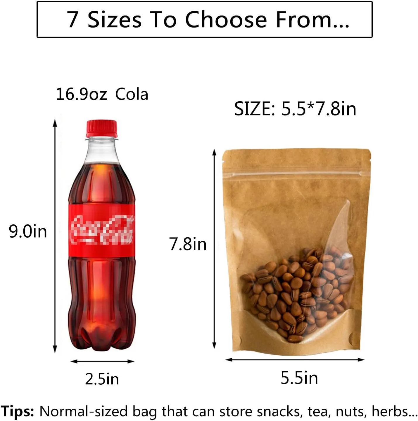 100 Pack Kraft Resealable Bags with Clear Front Stand Up Brown Kraft Bags with Window Transparent Bulk Pouches Ziplock Paper Bags 5.5""x7.8""