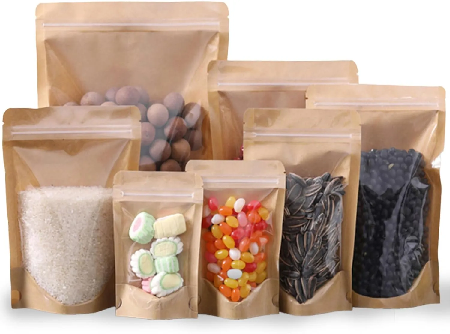 100 Pack Kraft Resealable Bags with Clear Front Stand Up Brown Kraft Bags with Window Transparent Bulk Pouches Ziplock Paper Bags 5.5""x7.8""