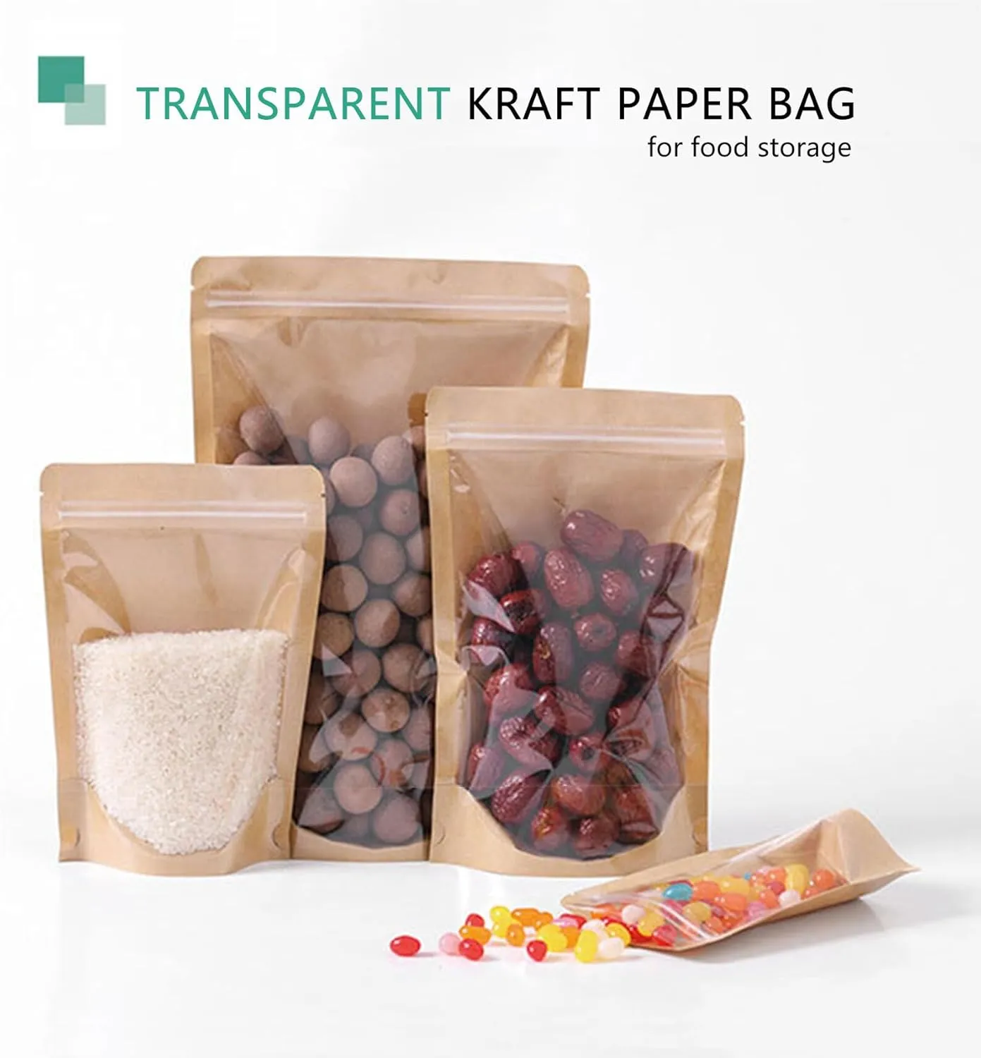 100 Pack Kraft Resealable Bags with Clear Front Stand Up Brown Kraft Bags with Window Transparent Bulk Pouches Ziplock Paper Bags 5.5""x7.8""