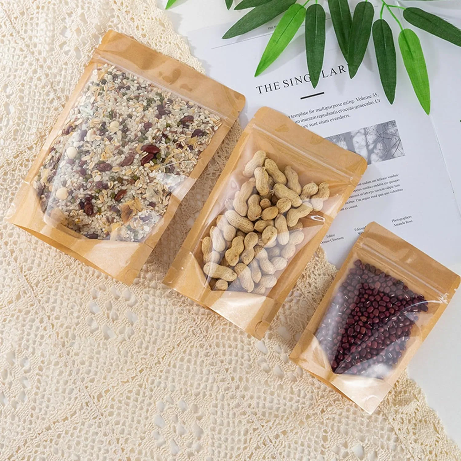 100 Pack Kraft Resealable Bags with Clear Front Stand Up Brown Kraft Bags with Window Transparent Bulk Pouches Ziplock Paper Bags 5.5""x7.8""