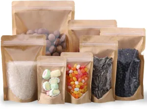 100 Pack Kraft Resealable Bags with Clear Front Stand Up Brown Kraft Bags with Window Transparent Bulk Pouches Ziplock Paper Bags 5.5""x7.8""