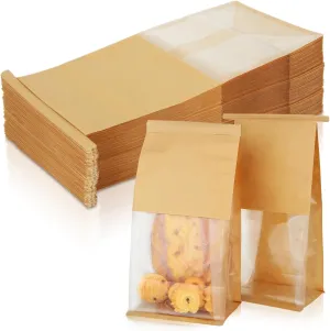 100PCS Bakery Bags with Window, Brown Tin Tie Tab Lock Bags Bakery Cookie Bags, Kraft Paper Cookie Treat Bag for Cookies Packaging Gift Giving Wedding Favors Coffee, 5.1 x 4.3 x 11.2 Inch