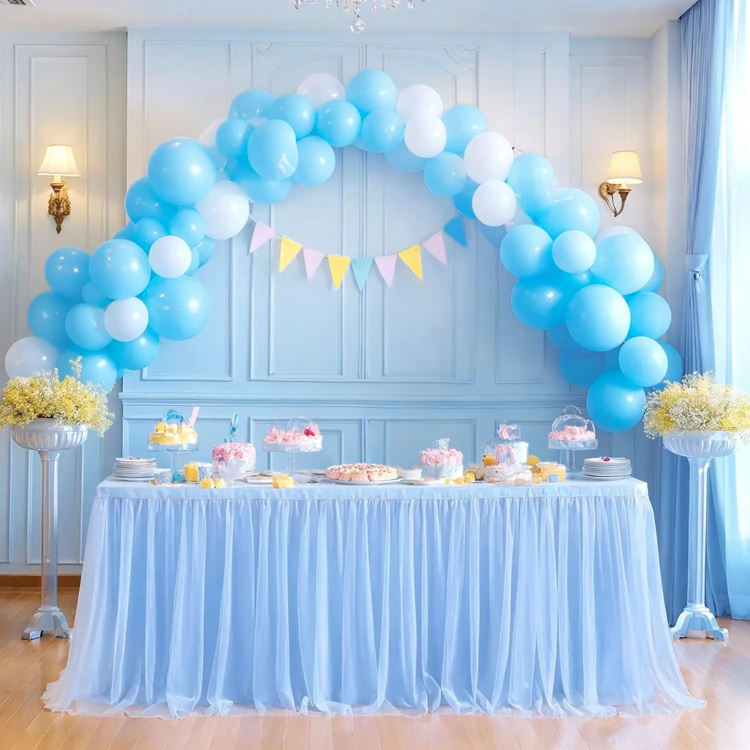 108in Baby Blue Tulle Table Skirts for Rectangle Tables 6/8/4ft, 2-Layer Gold Grim Ruffle Tulle Tutu Blue Cloth Table Skirt 9ft Decor Boy Birthday Party Baby Shower Cake Dessert Tables(No Table Cover)