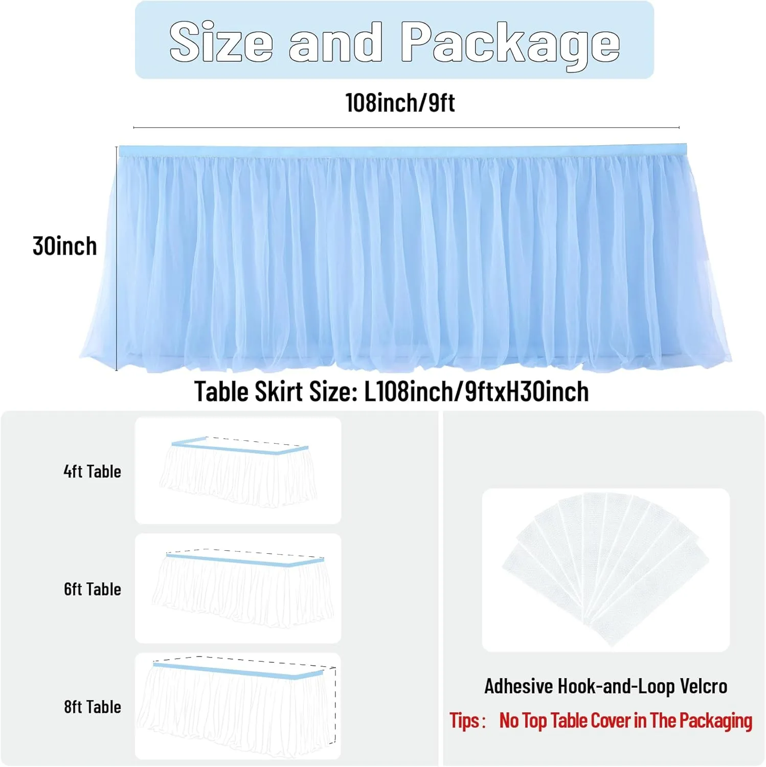 108in Baby Blue Tulle Table Skirts for Rectangle Tables 6/8/4ft, 2-Layer Gold Grim Ruffle Tulle Tutu Blue Cloth Table Skirt 9ft Decor Boy Birthday Party Baby Shower Cake Dessert Tables(No Table Cover)