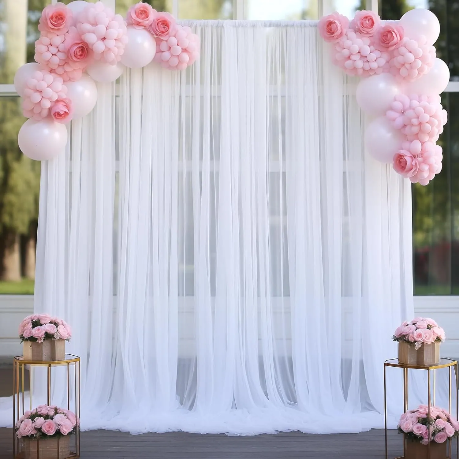 10ft x 10ft White Sheer Tulle Backdrop Curtains for Party Wedding Wrinkle Free Curtain Backdrops Drapes for Baby Shower Birthday Party Photo Back Drop Background Home Decorations