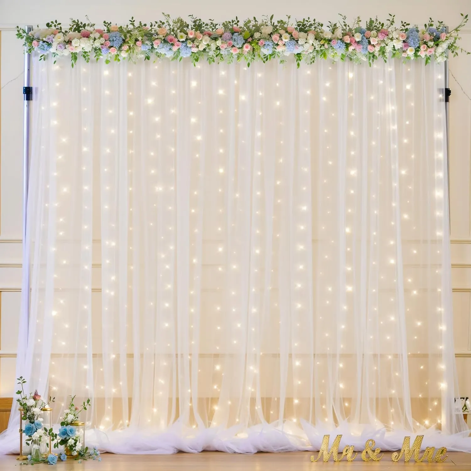 10ft x 8ft White Sheer Tulle Backdrop Curtains with Lights String Wedding Backdrop for Reception Ceremony Birthday Party Baby Shower Photo Booth Background Decoration