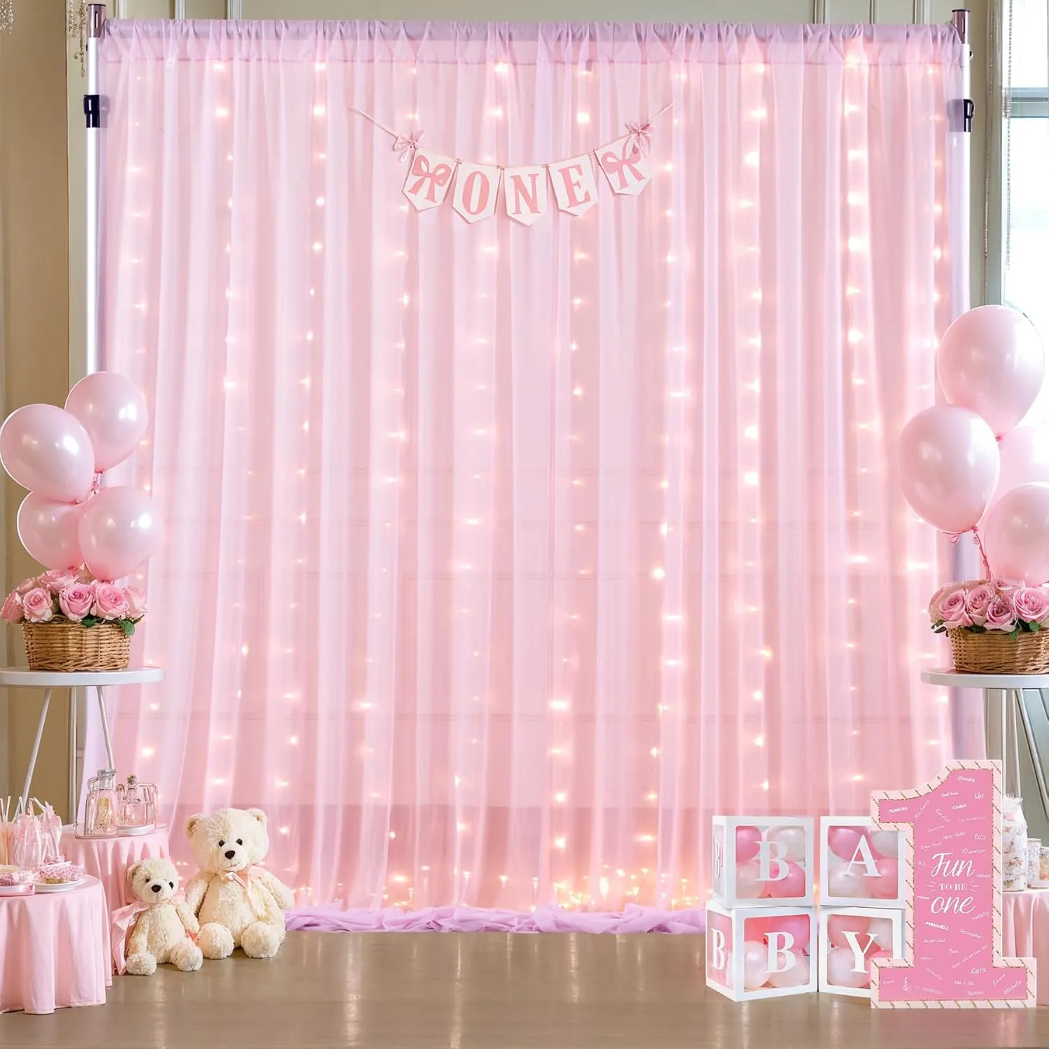 10x10ft Pink Tulle Backdrop Curtain with Lights String for Wedding, Wrinkle Free Sheer Curtain with Lights for Baby Shower, Tulle Backdrop Drapes for Birthday Party Photo Shoot (5 x 10ft,2 Panels)