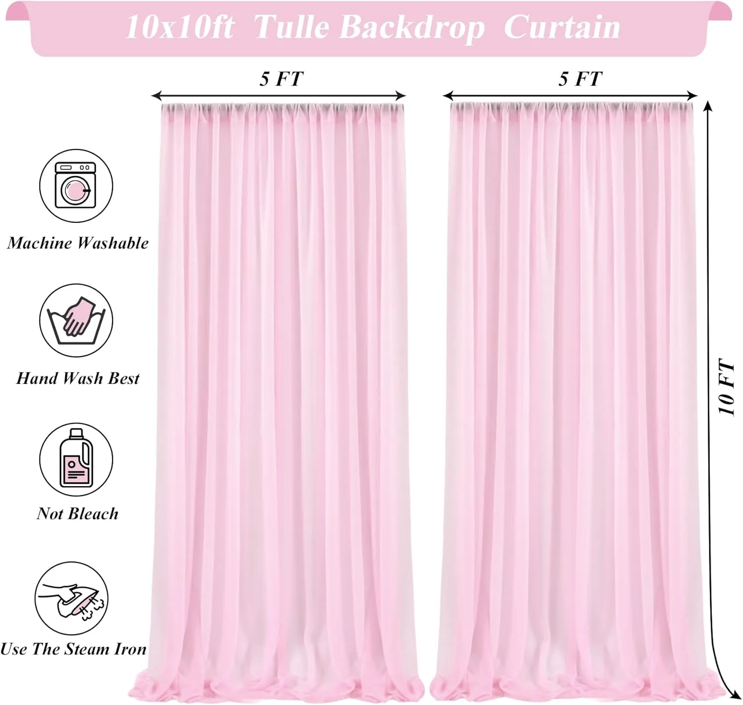 10x10ft Pink Tulle Backdrop Curtain with Lights String for Wedding, Wrinkle Free Sheer Curtain with Lights for Baby Shower, Tulle Backdrop Drapes for Birthday Party Photo Shoot (5 x 10ft,2 Panels)