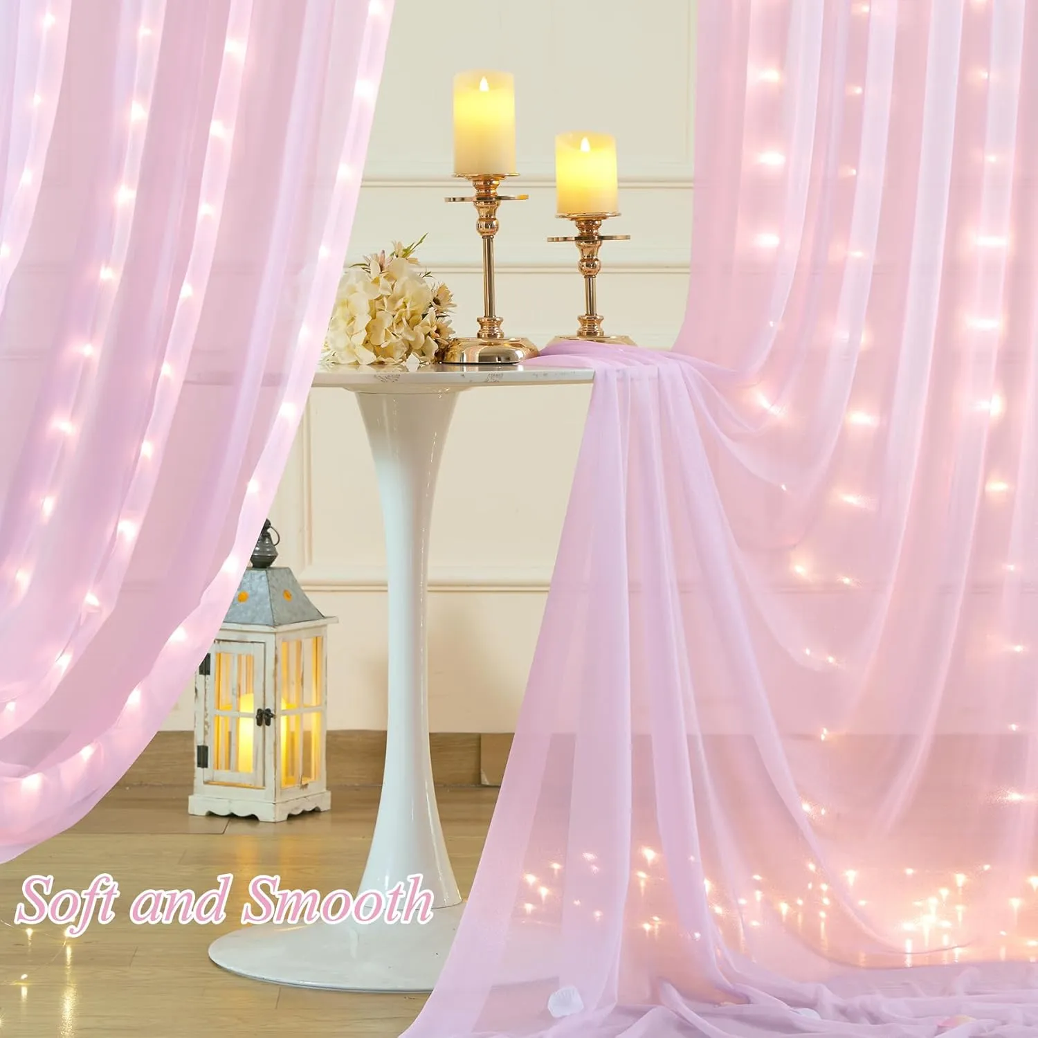 10x10ft Pink Tulle Backdrop Curtain with Lights String for Wedding, Wrinkle Free Sheer Curtain with Lights for Baby Shower, Tulle Backdrop Drapes for Birthday Party Photo Shoot (5 x 10ft,2 Panels)