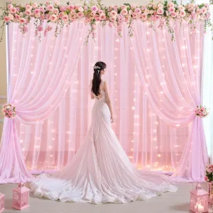 10x10ft Pink Tulle Backdrop Curtain with Lights String for Wedding, Wrinkle Free Sheer Curtain with Lights for Baby Shower, Tulle Backdrop Drapes for Birthday Party Photo Shoot (5 x 10ft,2 Panels)