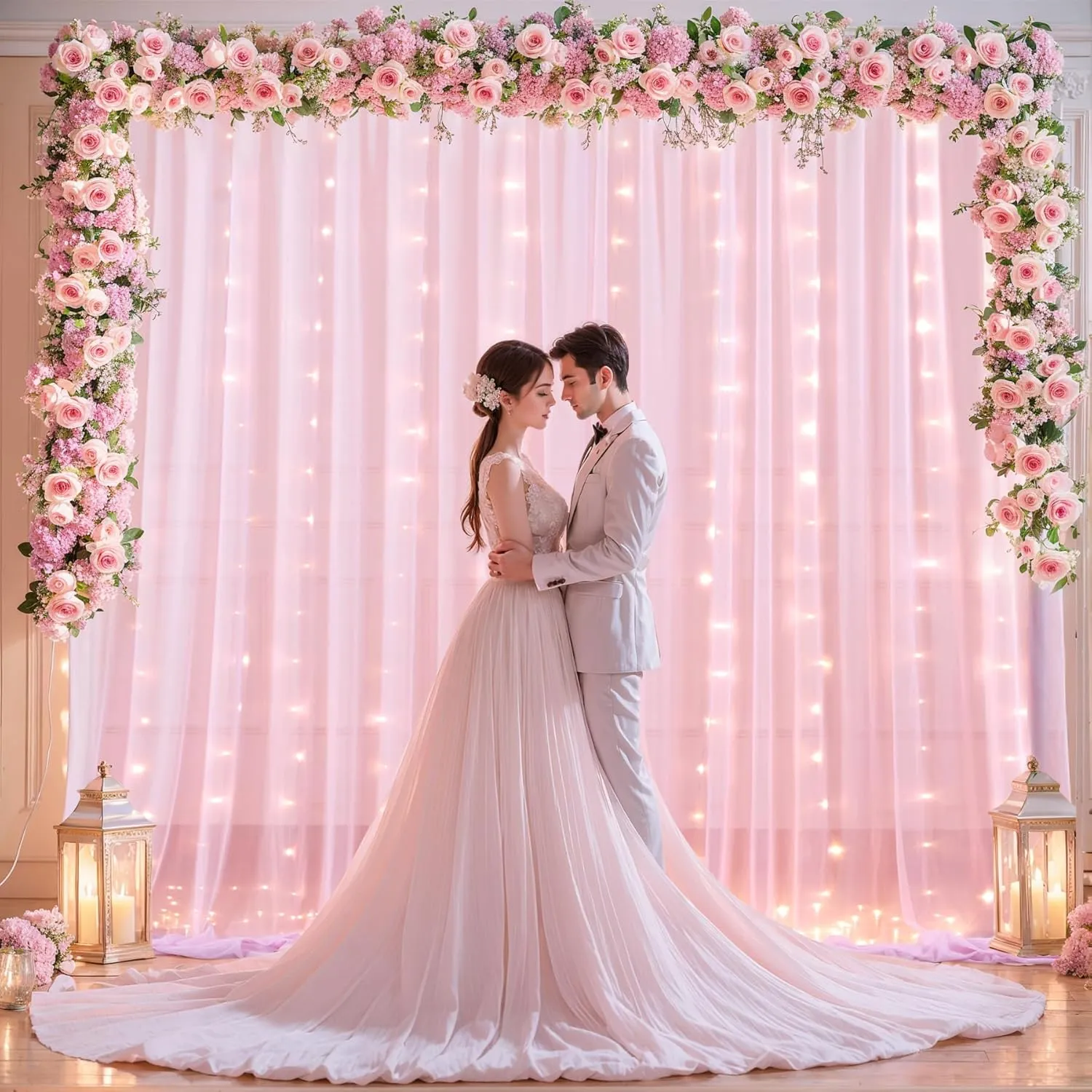 10x10ft Pink Tulle Backdrop Curtain with Lights String for Wedding, Wrinkle Free Sheer Curtain with Lights for Baby Shower, Tulle Backdrop Drapes for Birthday Party Photo Shoot (5 x 10ft,2 Panels)