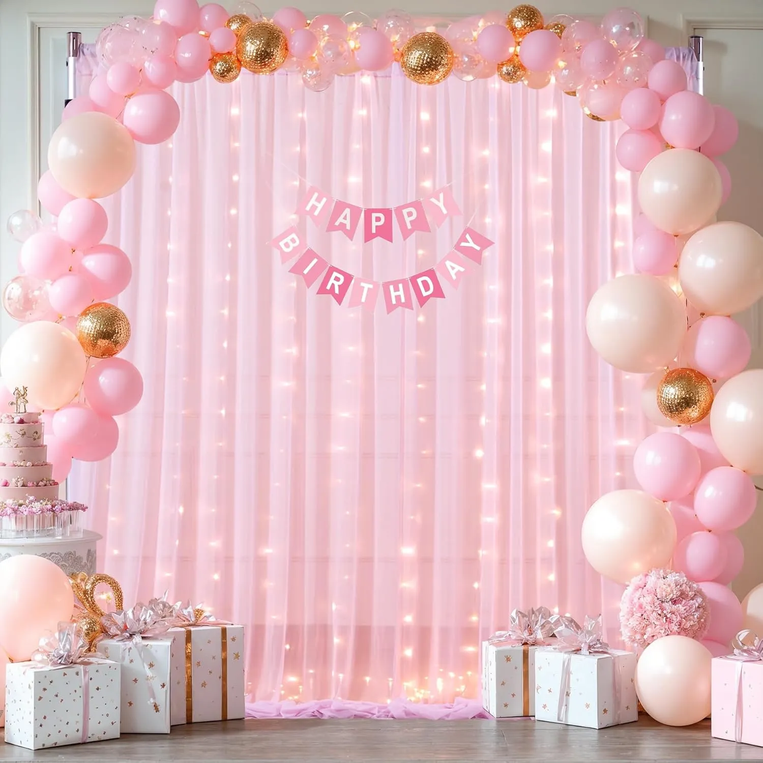 10x10ft Pink Tulle Backdrop Curtain with Lights String for Wedding, Wrinkle Free Sheer Curtain with Lights for Baby Shower, Tulle Backdrop Drapes for Birthday Party Photo Shoot (5 x 10ft,2 Panels)