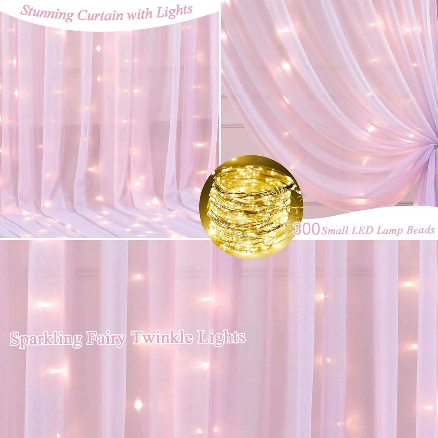 10x10ft Pink Tulle Backdrop Curtain with Lights String for Wedding, Wrinkle Free Sheer Curtain with Lights for Baby Shower, Tulle Backdrop Drapes for Birthday Party Photo Shoot (5 x 10ft,2 Panels)