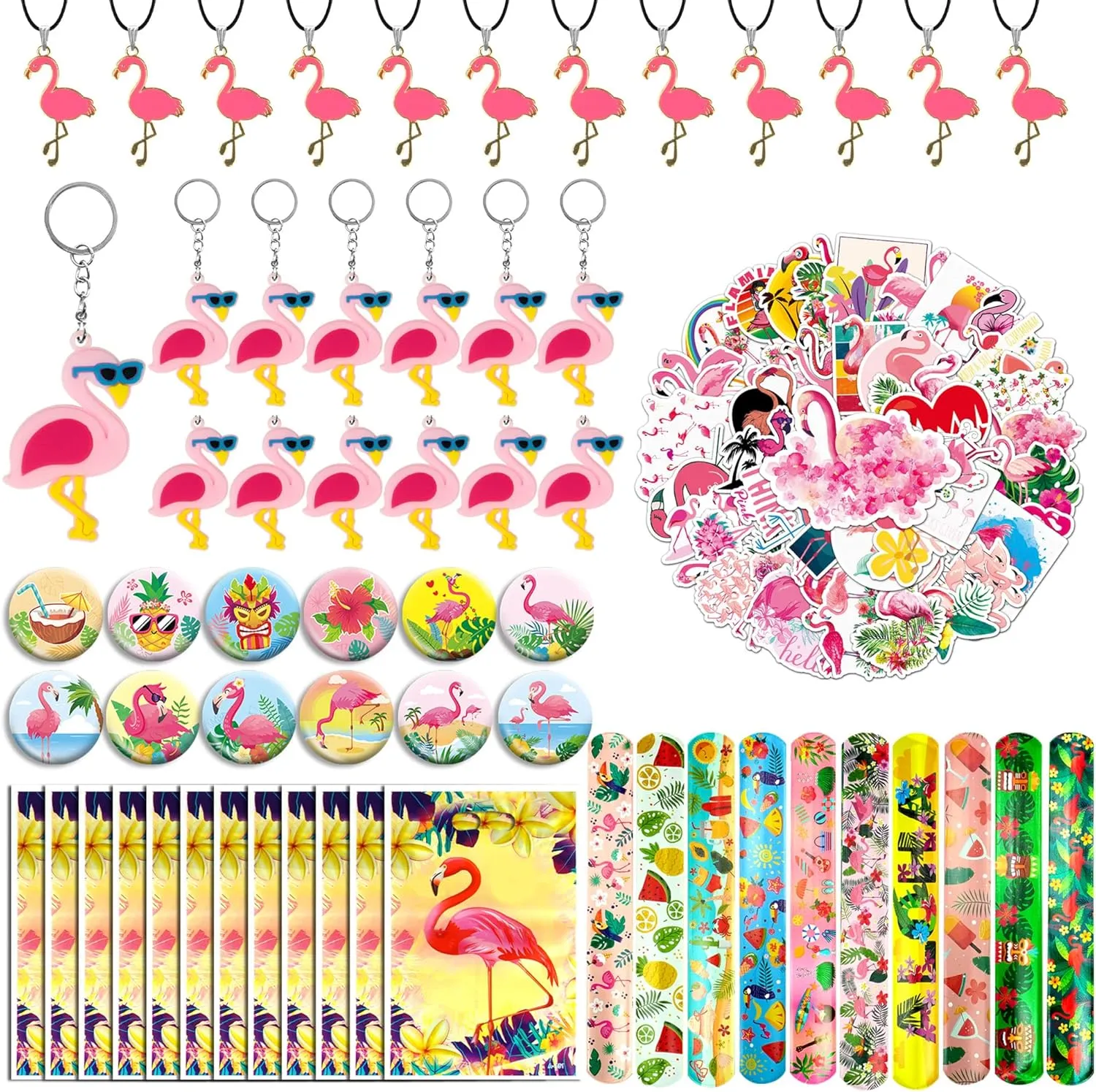 110 PCS Flamingo Party Favors Pink Flamingo Goodie Bags with Keychains, Stickers, Slap Bracelets, and Bags for Flamingo Themed Birthday Party Hawaiian Aloha Party