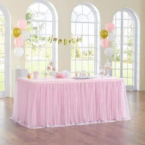 132in Baby Pink Tulle Table Skirts for Rectangle Tables 6ft 8ft, 2-Layer 11 ft Long Gold Grim Princess Pink Ruffle Tulle Tutu Table Skirt Cloth for Girl Birthday Baby Cake Dessert(No Table Cover)