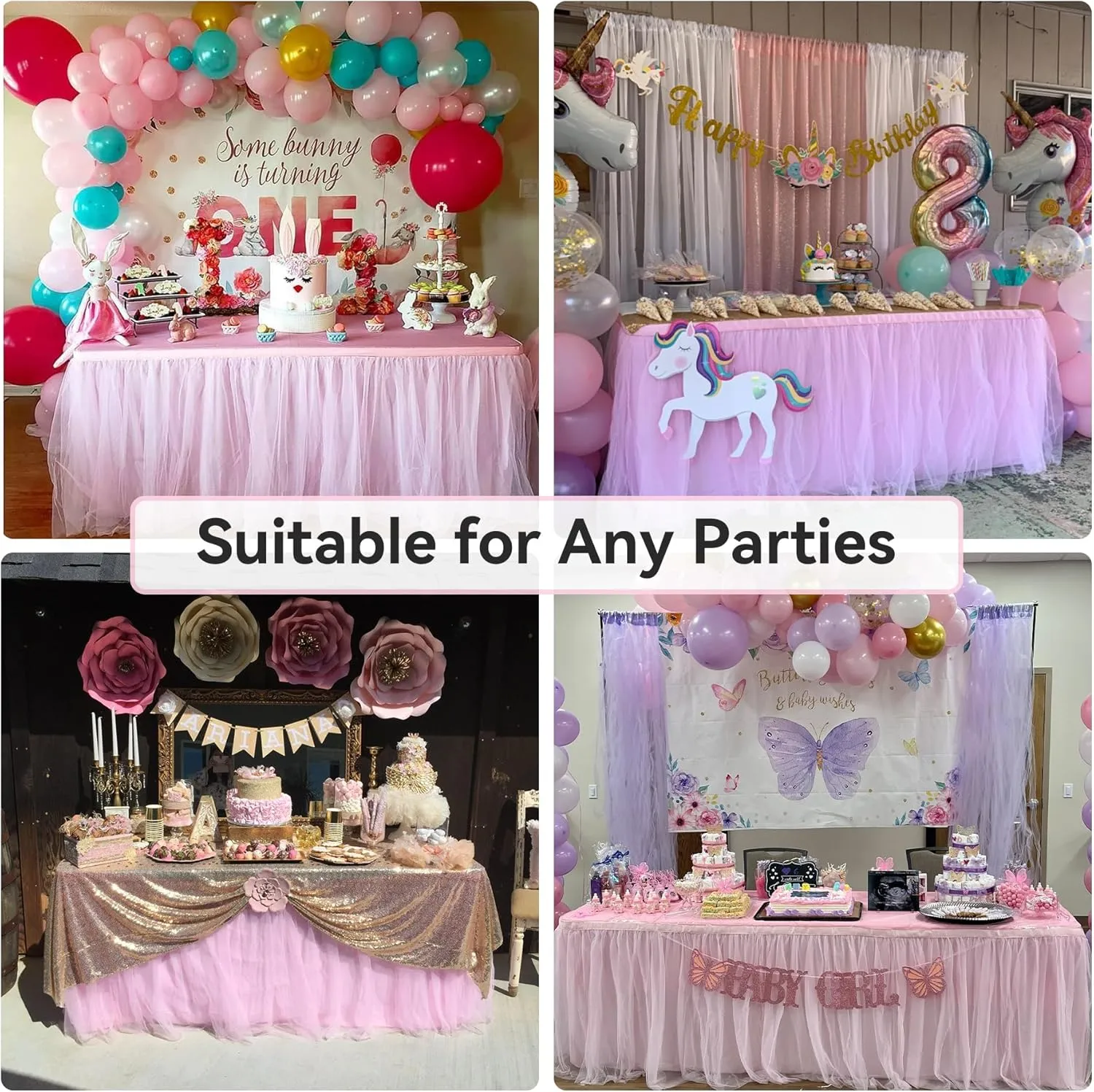 132in Baby Pink Tulle Table Skirts for Rectangle Tables 6ft 8ft, 2-Layer 11 ft Long Gold Grim Princess Pink Ruffle Tulle Tutu Table Skirt Cloth for Girl Birthday Baby Cake Dessert(No Table Cover)