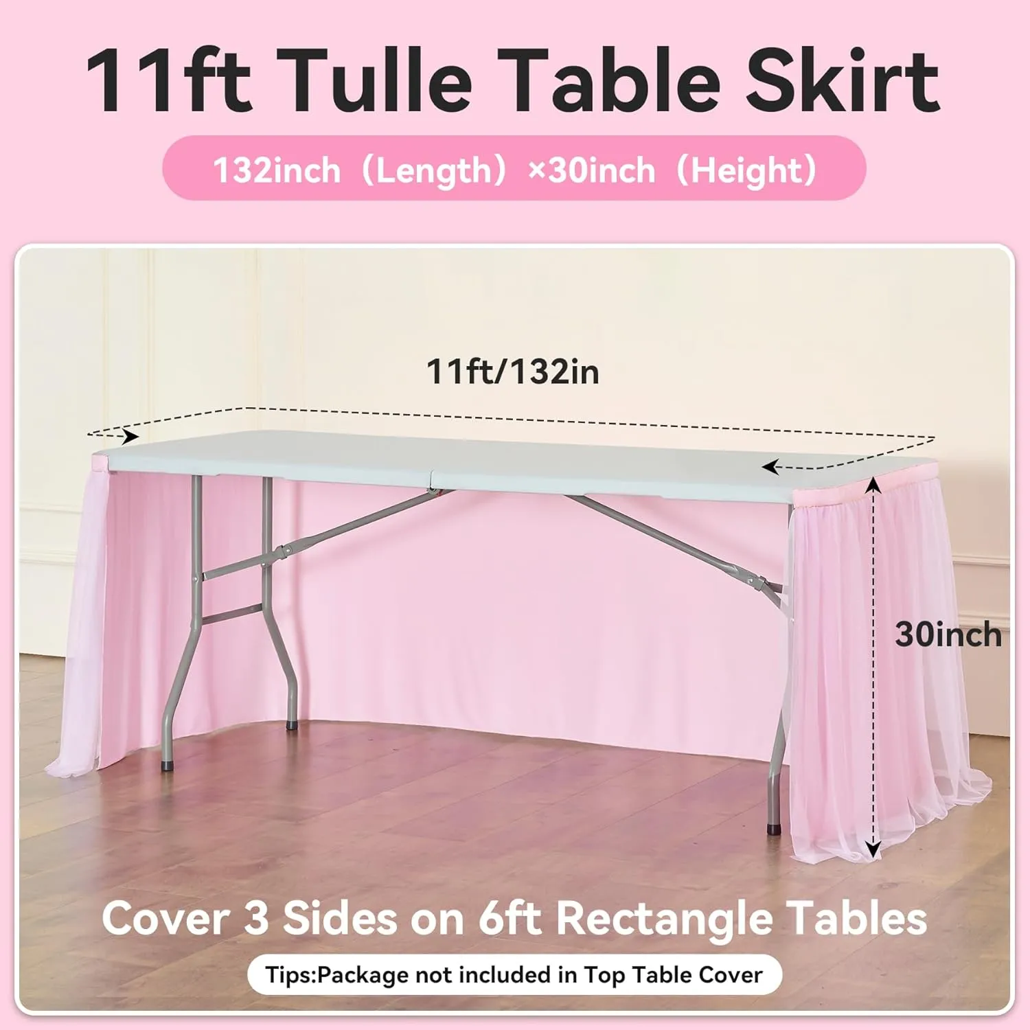 132in Baby Pink Tulle Table Skirts for Rectangle Tables 6ft 8ft, 2-Layer 11 ft Long Gold Grim Princess Pink Ruffle Tulle Tutu Table Skirt Cloth for Girl Birthday Baby Cake Dessert(No Table Cover)