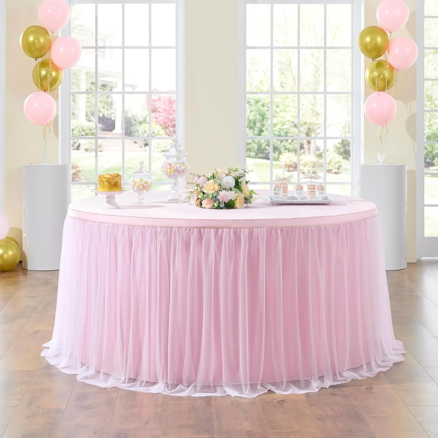 132in Baby Pink Tulle Table Skirts for Rectangle Tables 6ft 8ft, 2-Layer 11 ft Long Gold Grim Princess Pink Ruffle Tulle Tutu Table Skirt Cloth for Girl Birthday Baby Cake Dessert(No Table Cover)