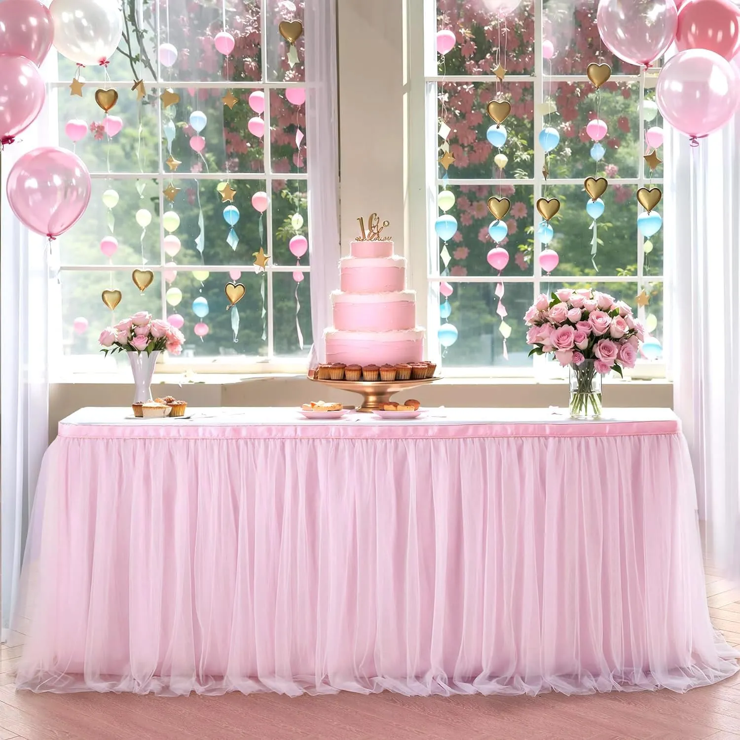 132in Baby Pink Tulle Table Skirts for Rectangle Tables 6ft 8ft, 2-Layer 11 ft Long Gold Grim Princess Pink Ruffle Tulle Tutu Table Skirt Cloth for Girl Birthday Baby Cake Dessert(No Table Cover)