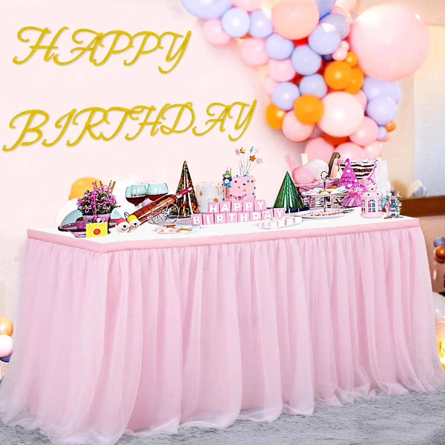 132in Baby Pink Tulle Table Skirts for Rectangle Tables 6ft 8ft, 2-Layer 11 ft Long Gold Grim Princess Pink Ruffle Tulle Tutu Table Skirt Cloth for Girl Birthday Baby Cake Dessert(No Table Cover)