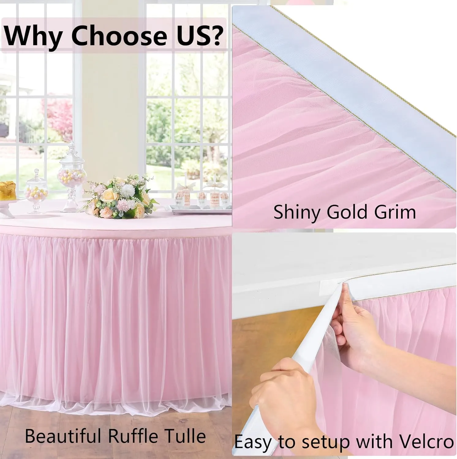 132in Baby Pink Tulle Table Skirts for Rectangle Tables 6ft 8ft, 2-Layer 11 ft Long Gold Grim Princess Pink Ruffle Tulle Tutu Table Skirt Cloth for Girl Birthday Baby Cake Dessert(No Table Cover)