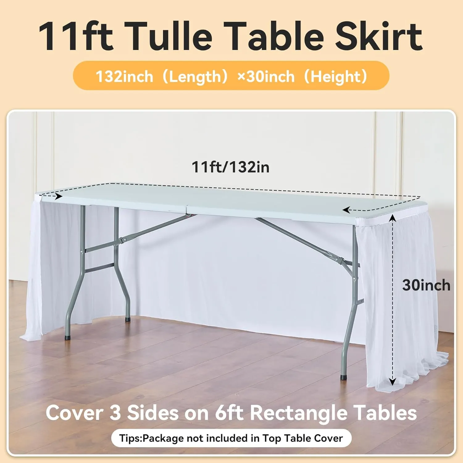 132in White Tulle Table Skirts for Rectangle Tables 8/6/4ft, 2-Layer Gold Grim Ruffle Tulle Tutu Cloth Table Skirt 11ft Long for Wedding Birthday Party Baby Shower Cake Dessert Tables(No Table Cover)