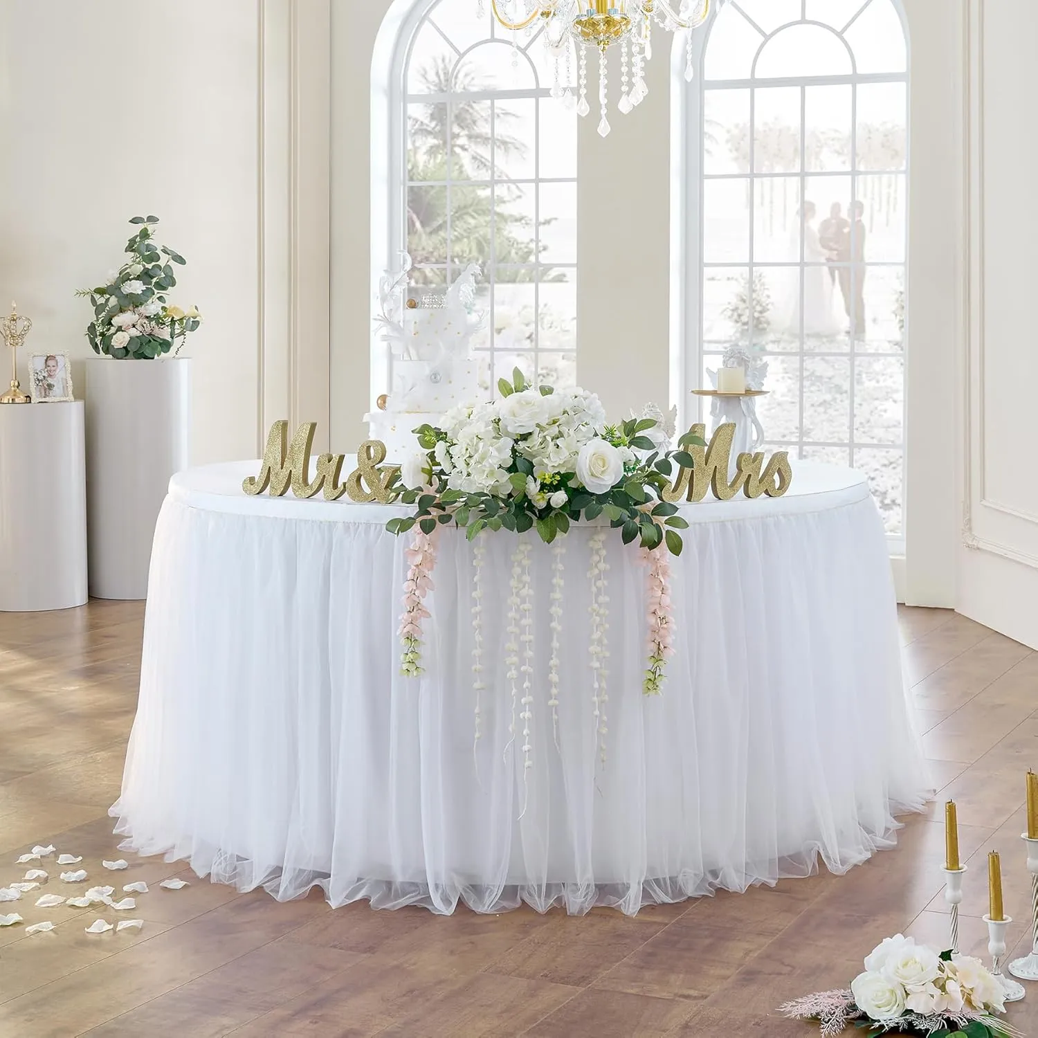 132in White Tulle Table Skirts for Rectangle Tables 8/6/4ft, 2-Layer Gold Grim Ruffle Tulle Tutu Cloth Table Skirt 11ft Long for Wedding Birthday Party Baby Shower Cake Dessert Tables(No Table Cover)