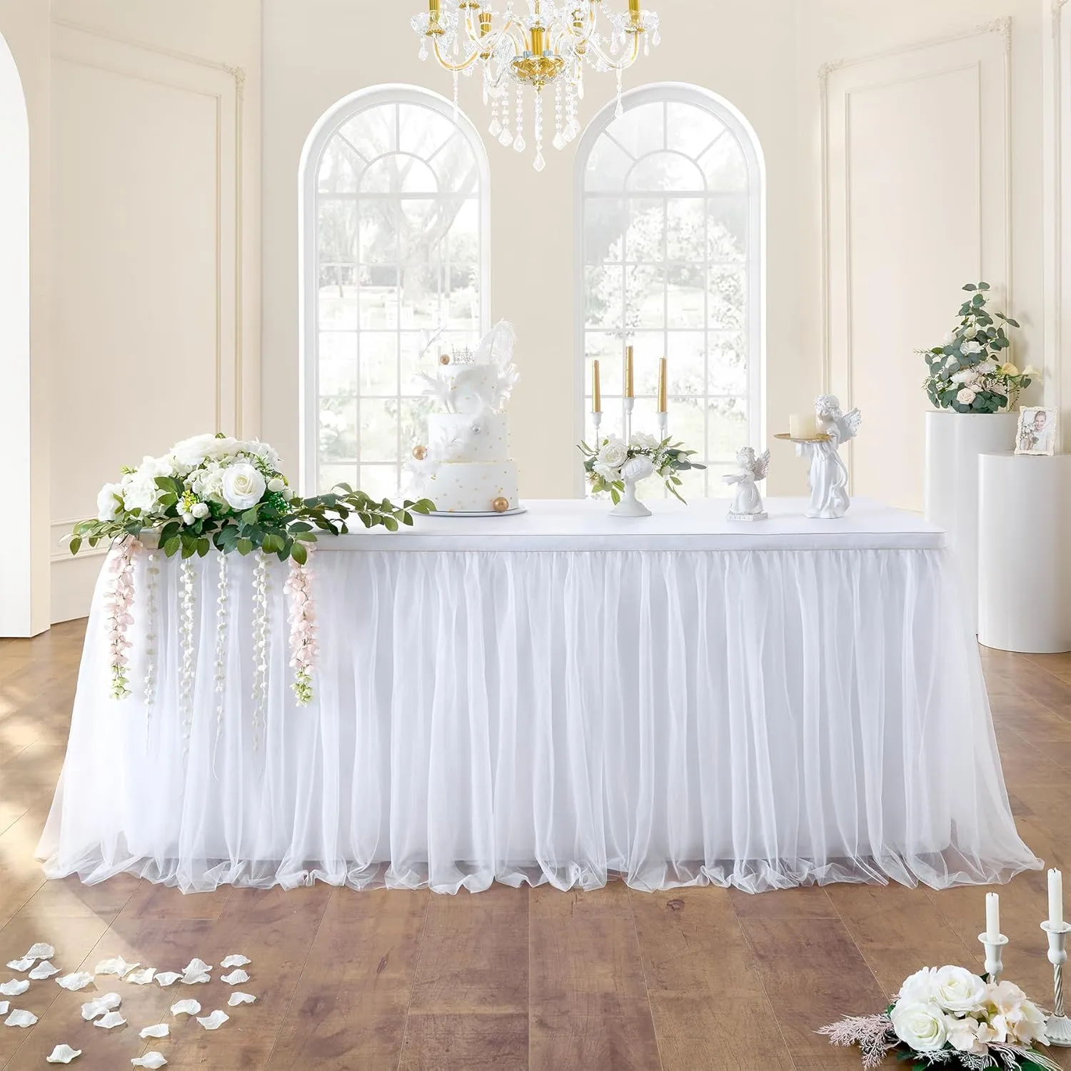 132in White Tulle Table Skirts for Rectangle Tables 8/6/4ft, 2-Layer Gold Grim Ruffle Tulle Tutu Cloth Table Skirt 11ft Long for Wedding Birthday Party Baby Shower Cake Dessert Tables(No Table Cover)