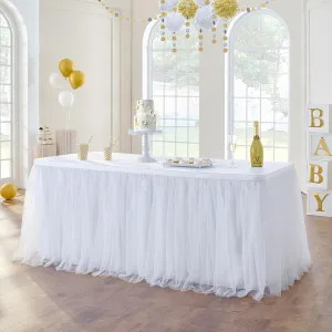 132in White Tulle Table Skirts for Rectangle Tables 8/6/4ft, 2-Layer Gold Grim Ruffle Tulle Tutu Cloth Table Skirt 11ft Long for Wedding Birthday Party Baby Shower Cake Dessert Tables(No Table Cover)