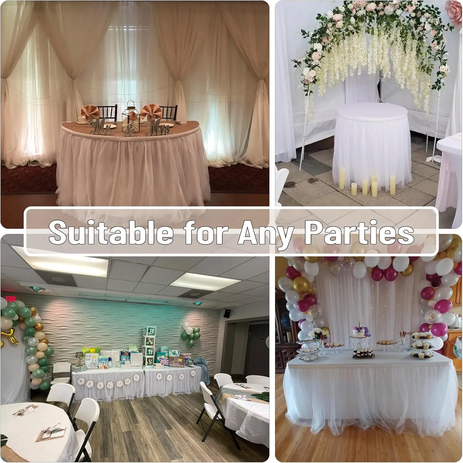 132in White Tulle Table Skirts for Rectangle Tables 8/6/4ft, 2-Layer Gold Grim Ruffle Tulle Tutu Cloth Table Skirt 11ft Long for Wedding Birthday Party Baby Shower Cake Dessert Tables(No Table Cover)