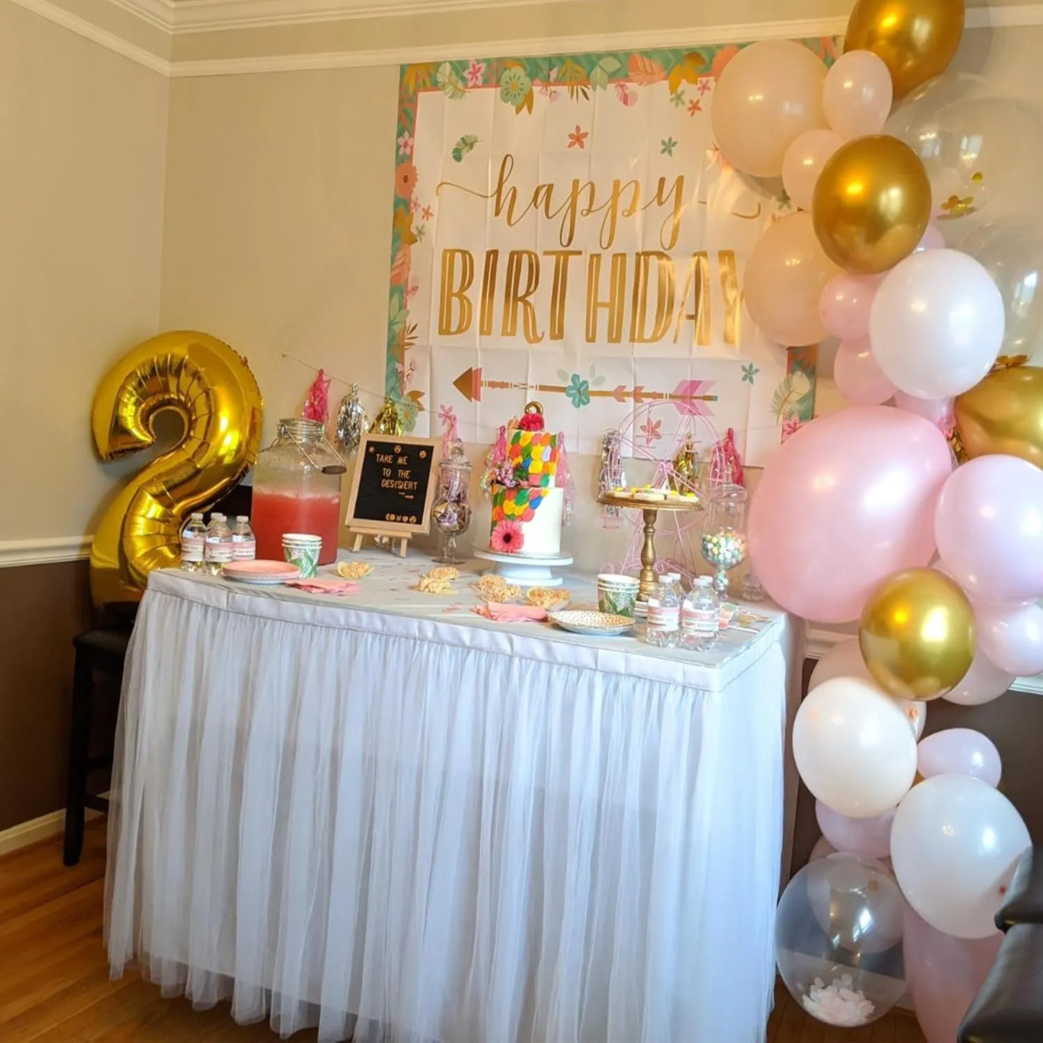 132in White Tulle Table Skirts for Rectangle Tables 8/6/4ft, 2-Layer Gold Grim Ruffle Tulle Tutu Cloth Table Skirt 11ft Long for Wedding Birthday Party Baby Shower Cake Dessert Tables(No Table Cover)