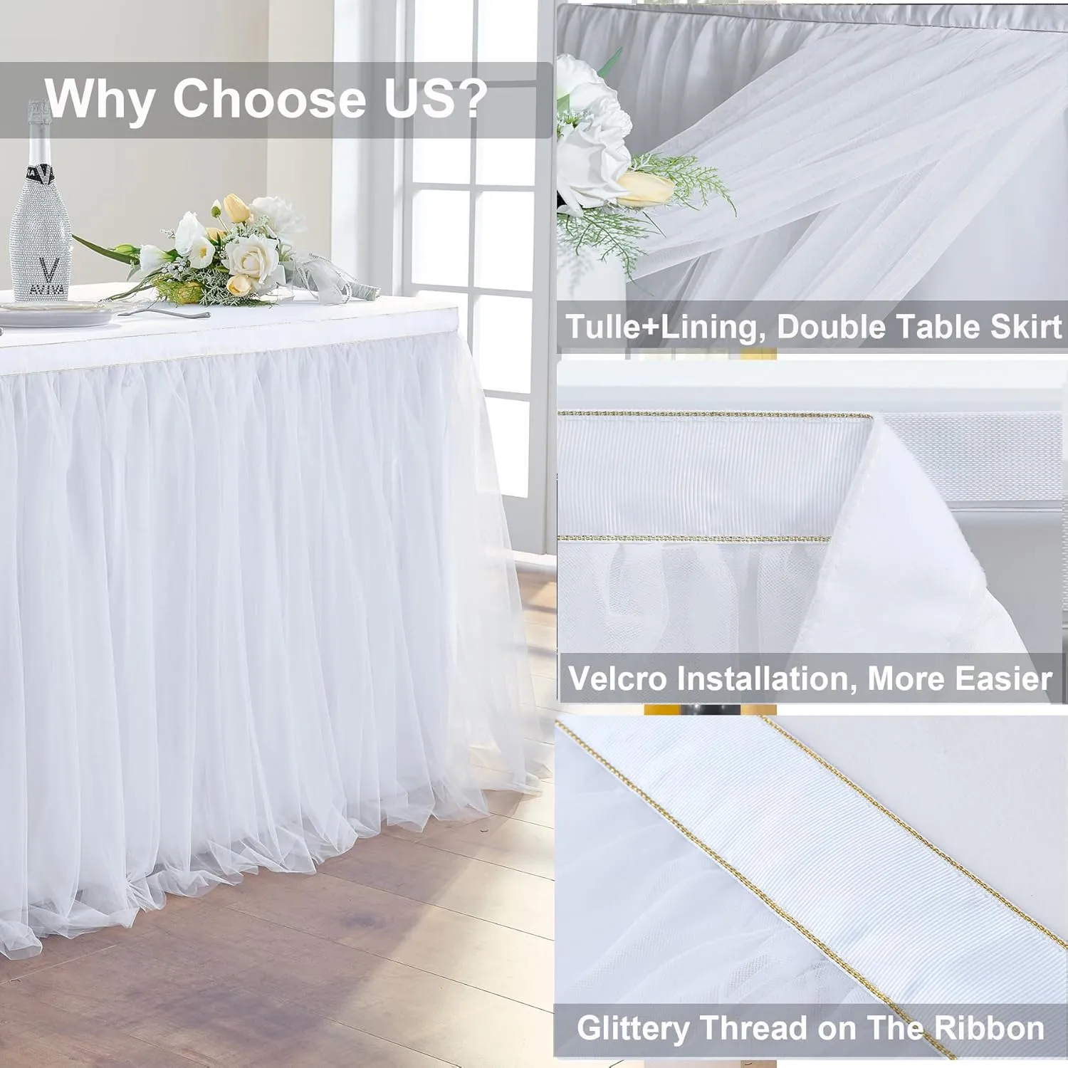 132in White Tulle Table Skirts for Rectangle Tables 8/6/4ft, 2-Layer Gold Grim Ruffle Tulle Tutu Cloth Table Skirt 11ft Long for Wedding Birthday Party Baby Shower Cake Dessert Tables(No Table Cover)