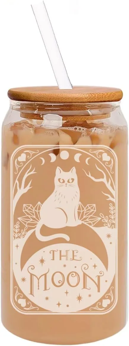 16oz Can Shaped Glass Iced Coffee Cup with Bamboo Lid and Straw Gift Moon Cat Tarot Card
