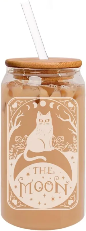 16oz Can Shaped Glass Iced Coffee Cup with Bamboo Lid and Straw Gift Moon Cat Tarot Card
