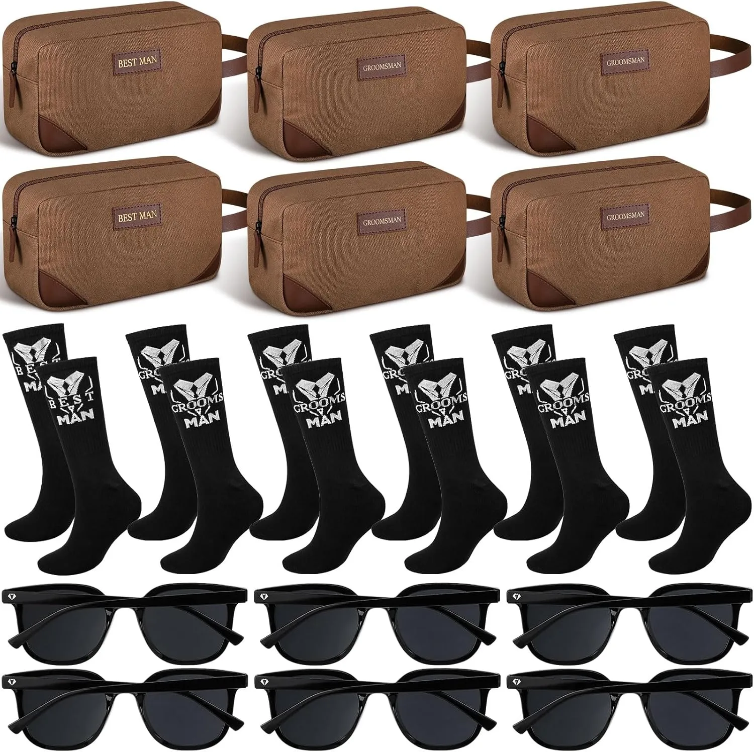 18 Pcs Wedding Groomsmen Gifts Set Include Pcs Men Toiletry Bags Pairs Cotton Groomsmen Socks Pairs of Sunglasses for Wedding Proposal Gifts Bachelor Party Travel Kit(Brown)