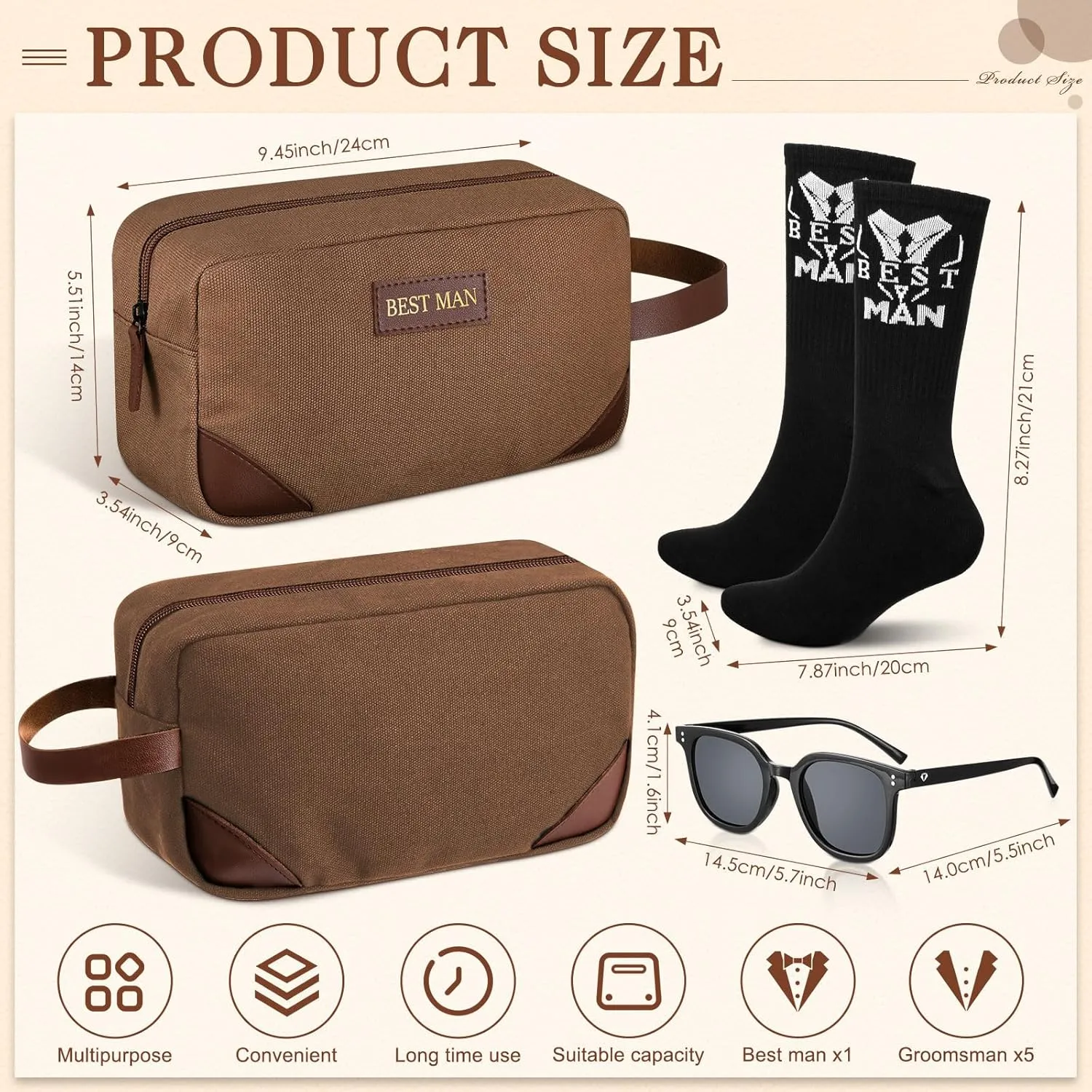 18 Pcs Wedding Groomsmen Gifts Set Include Pcs Men Toiletry Bags Pairs Cotton Groomsmen Socks Pairs of Sunglasses for Wedding Proposal Gifts Bachelor Party Travel Kit(Brown)