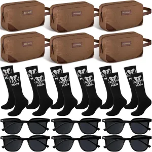 18 Pcs Wedding Groomsmen Gifts Set Include Pcs Men Toiletry Bags Pairs Cotton Groomsmen Socks Pairs of Sunglasses for Wedding Proposal Gifts Bachelor Party Travel Kit(Brown)