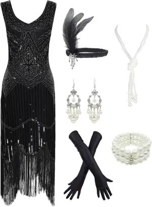 1920s Gatsby Sequin Fringed Paisley Flapper Dress with 20s Accessories Set