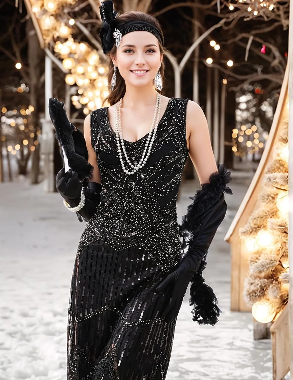 1920s Gatsby Sequin Fringed Paisley Flapper Dress with 20s Accessories Set