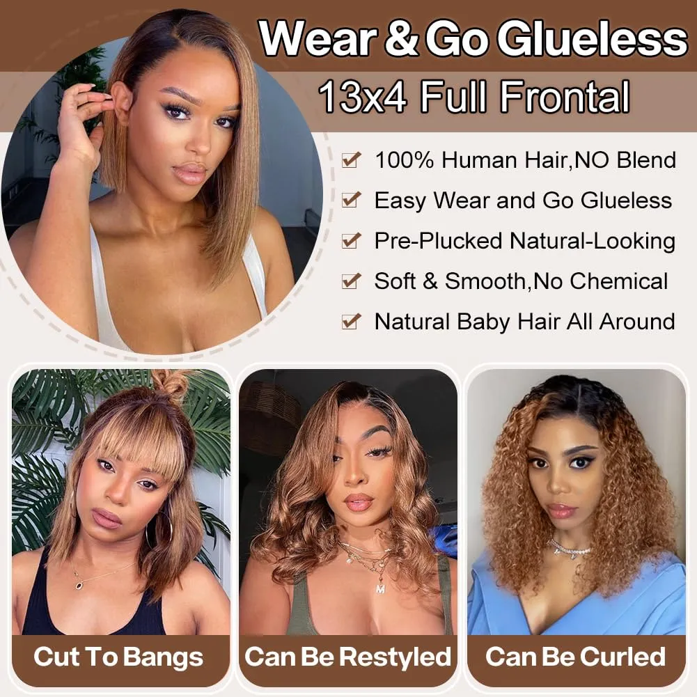 1B/30 Ombre Blonde Bob Wig Human Hair for Black Women Short Straight 13x4 HD Lace Front Bob Wigs Human Hair Pre Plucked Wear and Go Glueless,Ombre Blonde Colored T1B/30 16 Inch