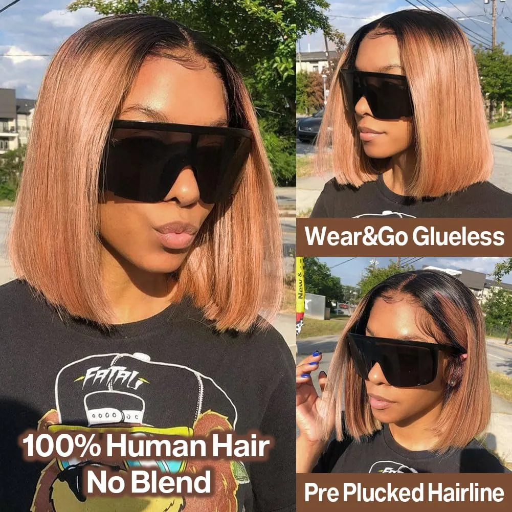 1B/30 Ombre Blonde Bob Wig Human Hair for Black Women Short Straight 13x4 HD Lace Front Bob Wigs Human Hair Pre Plucked Wear and Go Glueless,Ombre Blonde Colored T1B/30 16 Inch