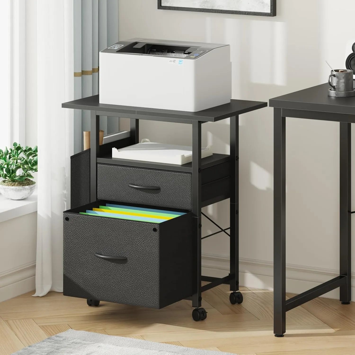 2 Drawer File Cabinet with 24'' Extended Desktop, Mobile Filing Cabinet, Rolling File Cabinet with Side Bag, Fabric Drawer, Fits A4 Size, Home Office, Black