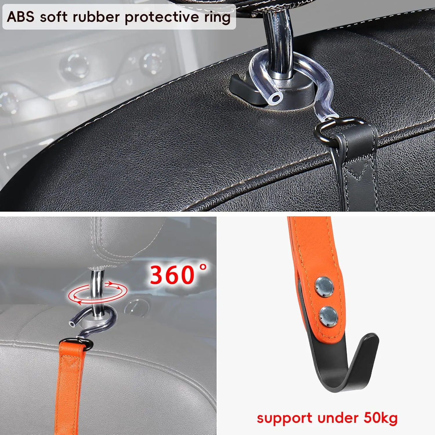 2 Pack Car Hook Holder Leather Headrest Hooks for Purses and Bags,SUS304 Car Hook(Orange)