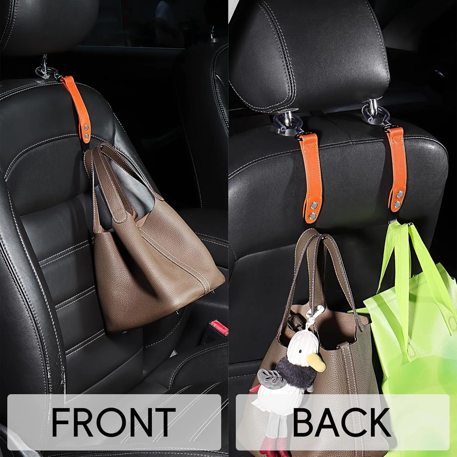 2 Pack Car Hook Holder Leather Headrest Hooks for Purses and Bags,SUS304 Car Hook(Orange)