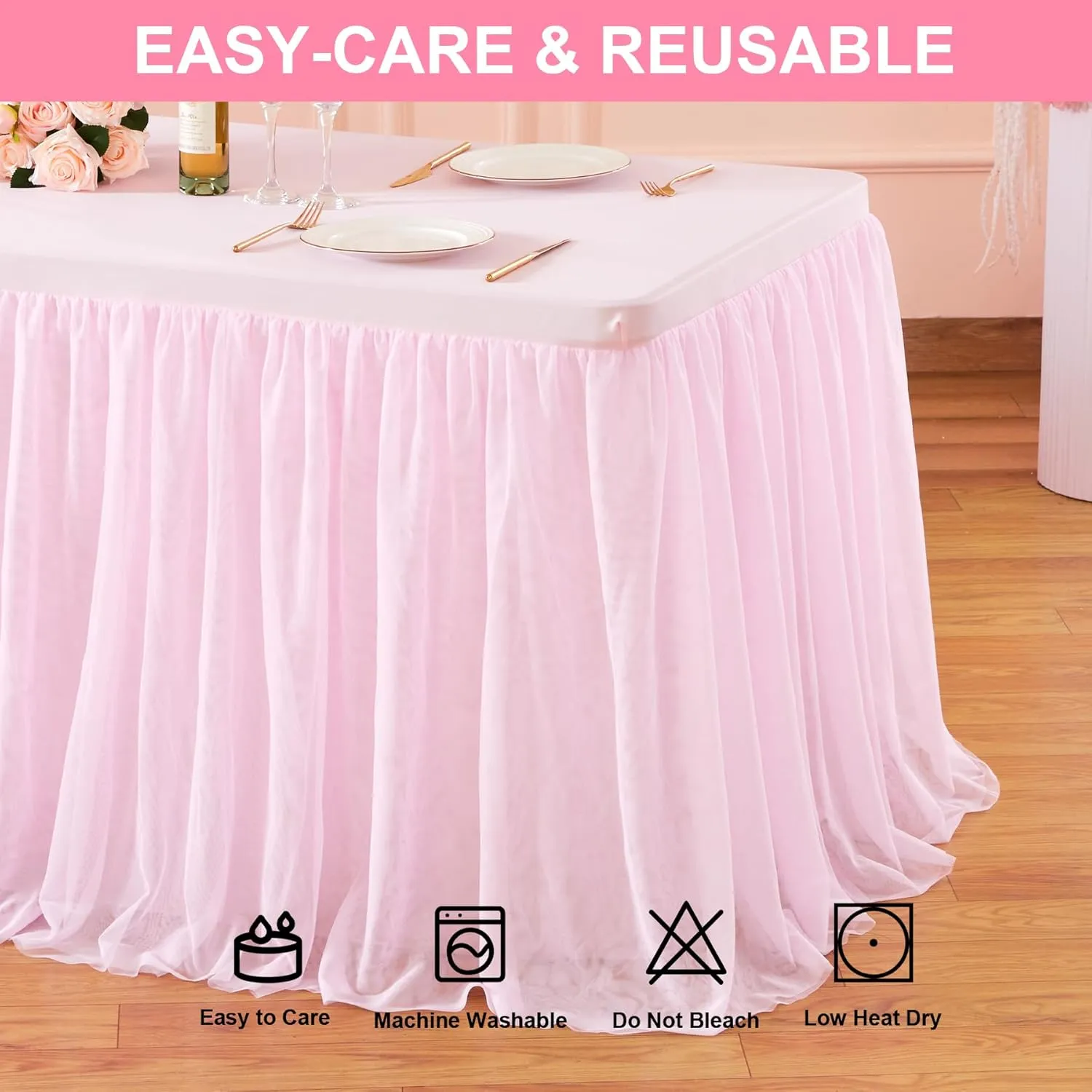 2 Pack Pink Tulle Table Cloth for Rectangle Tables, 6FT Ruffle Tutu Stretch Fitted Tablecloths, Wrinkle Free Tulle Table Skirt Table Cover for Party Wedding Girls Birthday Baby Bridal Shower