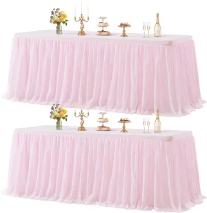2 Pack Pink Tulle Table Cloth for Rectangle Tables, 6FT Ruffle Tutu Stretch Fitted Tablecloths, Wrinkle Free Tulle Table Skirt Table Cover for Party Wedding Girls Birthday Baby Bridal Shower