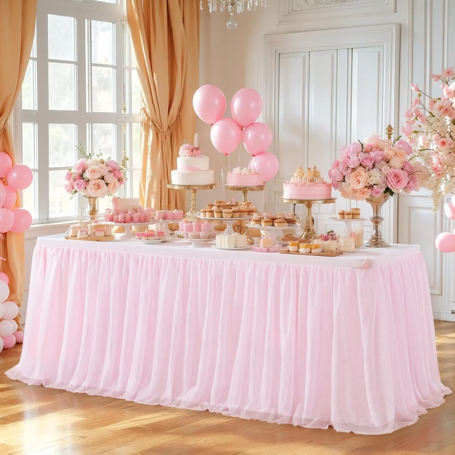 2 Pack Pink Tulle Table Cloth for Rectangle Tables, 6FT Ruffle Tutu Stretch Fitted Tablecloths, Wrinkle Free Tulle Table Skirt Table Cover for Party Wedding Girls Birthday Baby Bridal Shower