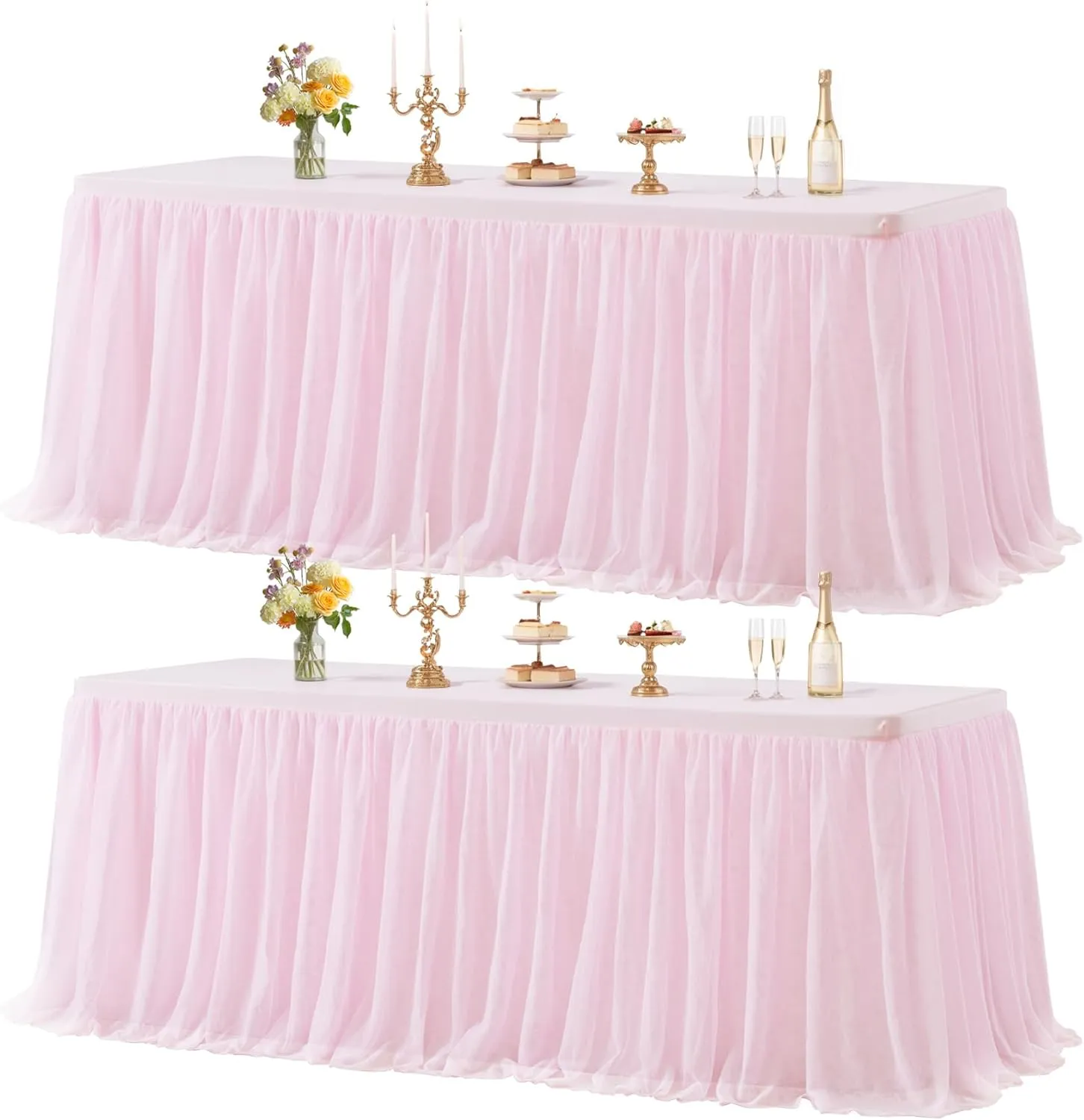 2 Pack Pink Tulle Table Cloth for Rectangle Tables, 6FT Ruffle Tutu Stretch Fitted Tablecloths, Wrinkle Free Tulle Table Skirt Table Cover for Party Wedding Girls Birthday Baby Bridal Shower
