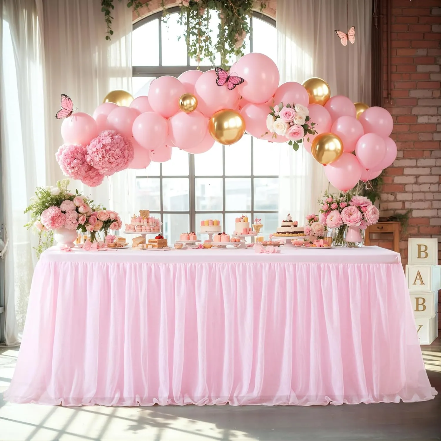 2 Pack Pink Tulle Table Cloth for Rectangle Tables, 6FT Ruffle Tutu Stretch Fitted Tablecloths, Wrinkle Free Tulle Table Skirt Table Cover for Party Wedding Girls Birthday Baby Bridal Shower